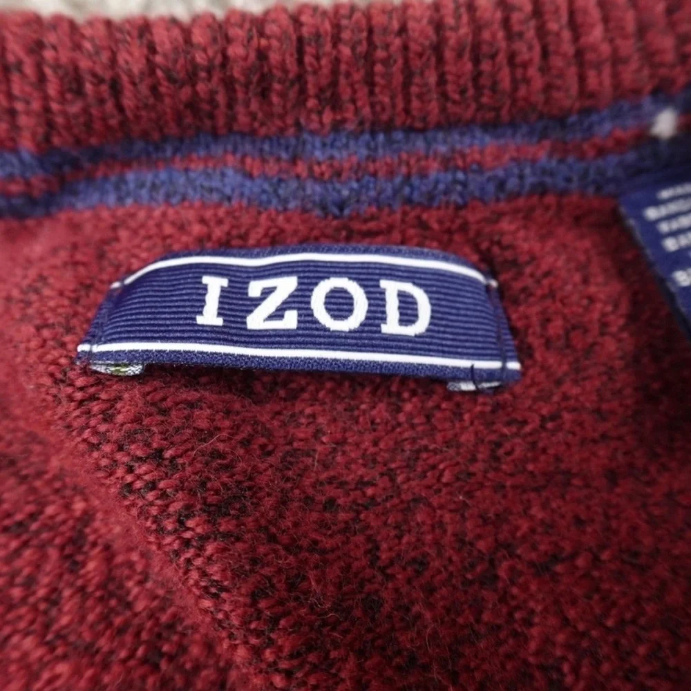 NWT Izod Men's Burgundy Crewneck Knit Sweater with Light Gray Stripes Sz L